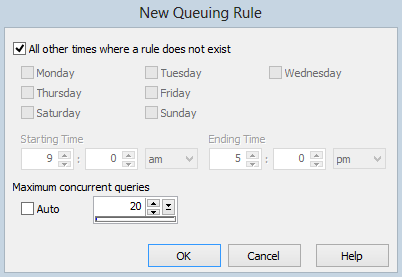 This image shows the New Queuing Rule dialog with the All other times where a rule does not exist check box selected.